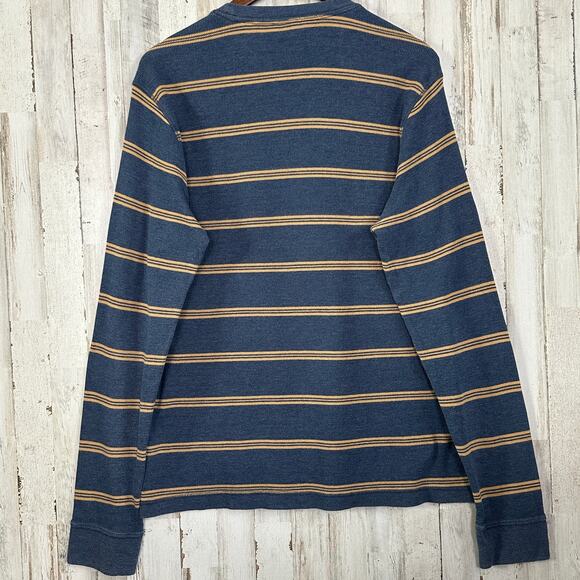 Toad Co Waffle Knit Thermal Shirt Mens Large Striped Blue Tan Organic Cotton EUC - Picture 2 of 8
